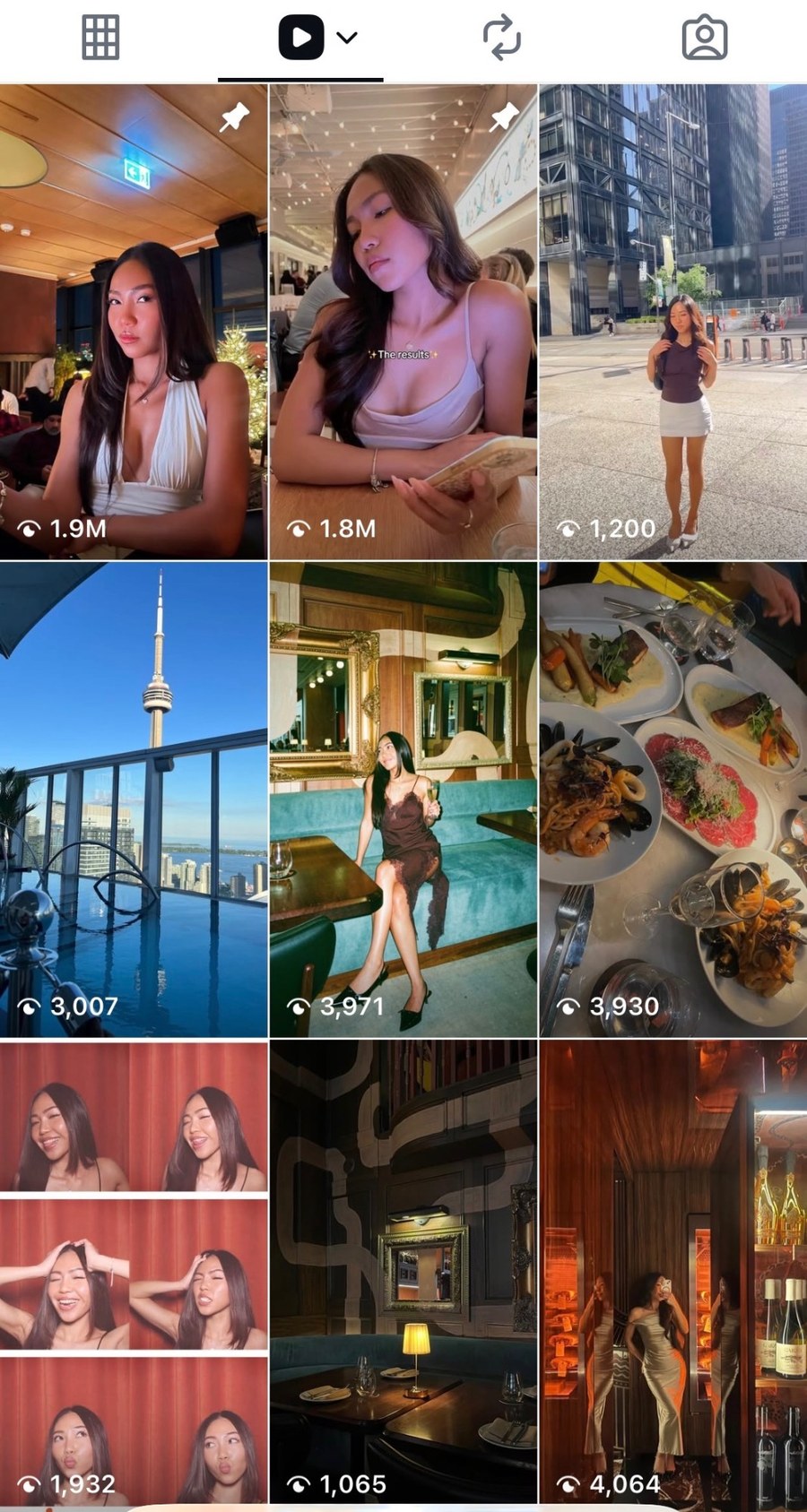 The Reels tab on @sheistanyam, with the two pinned videos at 1.9M and 1.8M views